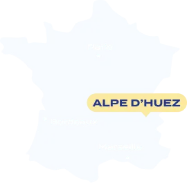 Carte de France indiquant l'emplacement de l'Alpe d'Huez et des villes Paris, Bordeaux, Marseille.