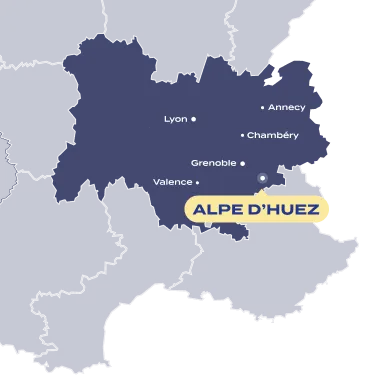 Carte de la région Auvergne Rhône Alpe indiquant l'emplacement de l'Alpe d'Huez, et des villes d'Annecy, Lyon, Chambéry, Grenoble, Valence.