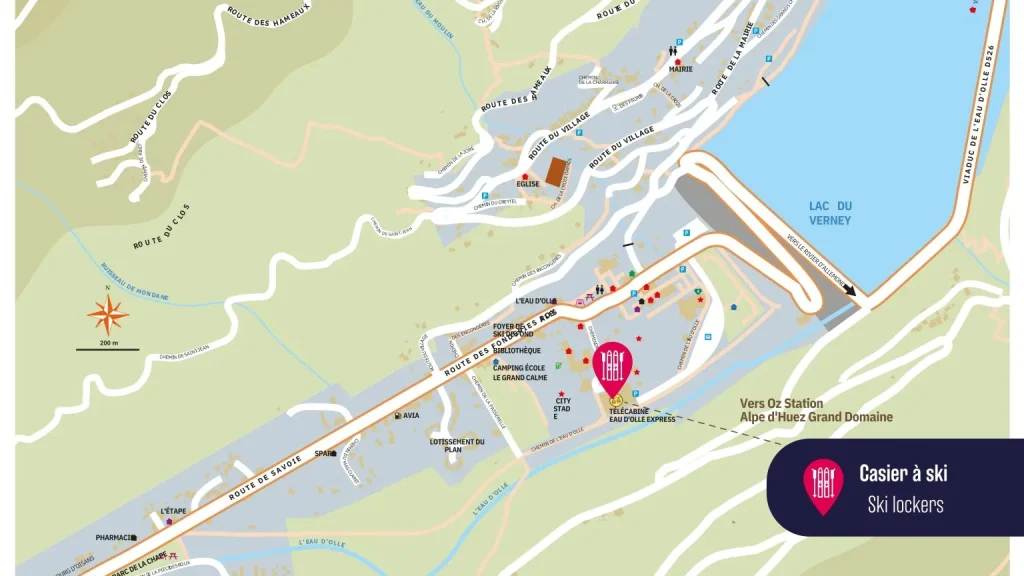 Plan d'Allemond indiquant les emplacements des casier à ski